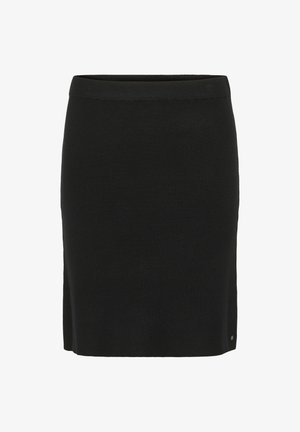 Schwarzer, knielanger Strickrock mit einem figurbetonten Taillenbund und einem kleinen runden Metalllogo am Saum auf der rechten Seite.