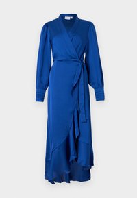 Μπλε φόρεμα σε στυλ ρομπ με λείο ύφασμα, μακριές φουσκωτές μανίκες, ζώνη που δένει και ρέουσα γραμμή κάτω. Διαθέτει βαθύ V-ντεκολτέ και στιλβαρισμένο φούστα.