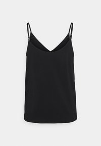 Musta hihaton toppi V-pääntie-muotoilulla, pehmeästä kankaasta valmistettu, ohuilla olkaimilla ja suoralla helma-alueella.