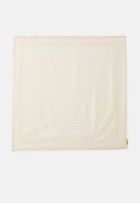 Beige huivi, jossa on toistuva MK-monogrammikuosi. Reunoissa on koristeellinen reunus. Pehmeä kangas, jossa on sileä rakenne.