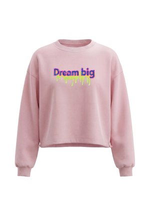 Lyserød langærmet sweatshirt med ribkantede manchetter og "Dream big" tekst i blåt og gult dryppende maling design på forsiden.