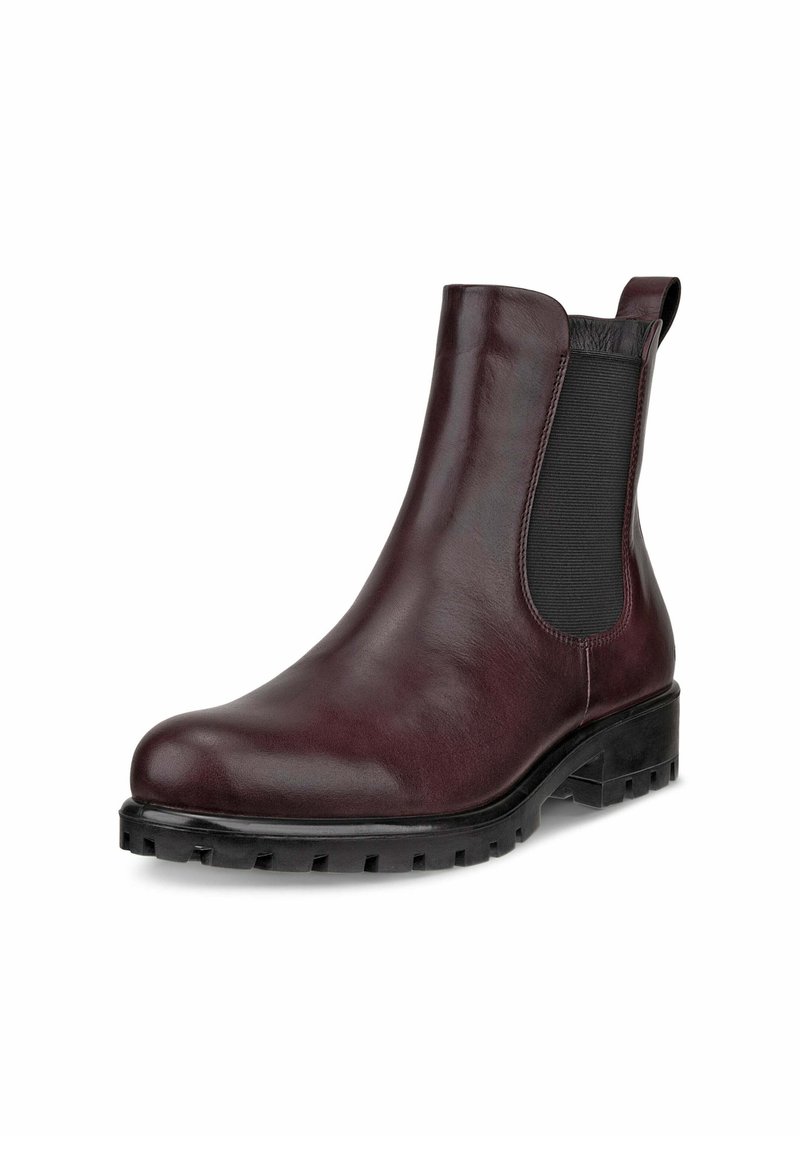 Stivaletto in pelle bordeaux con pannelli laterali elasticizzati, suola in gomma nera robusta e design elegante con un tassello sul tallone.
