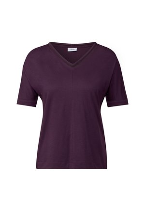 T-shirt a maniche corte con scollatura a V di colore viola intenso, realizzato in tessuto morbido, caratterizzato da un design semplice e una leggera lucentezza lungo il collo.