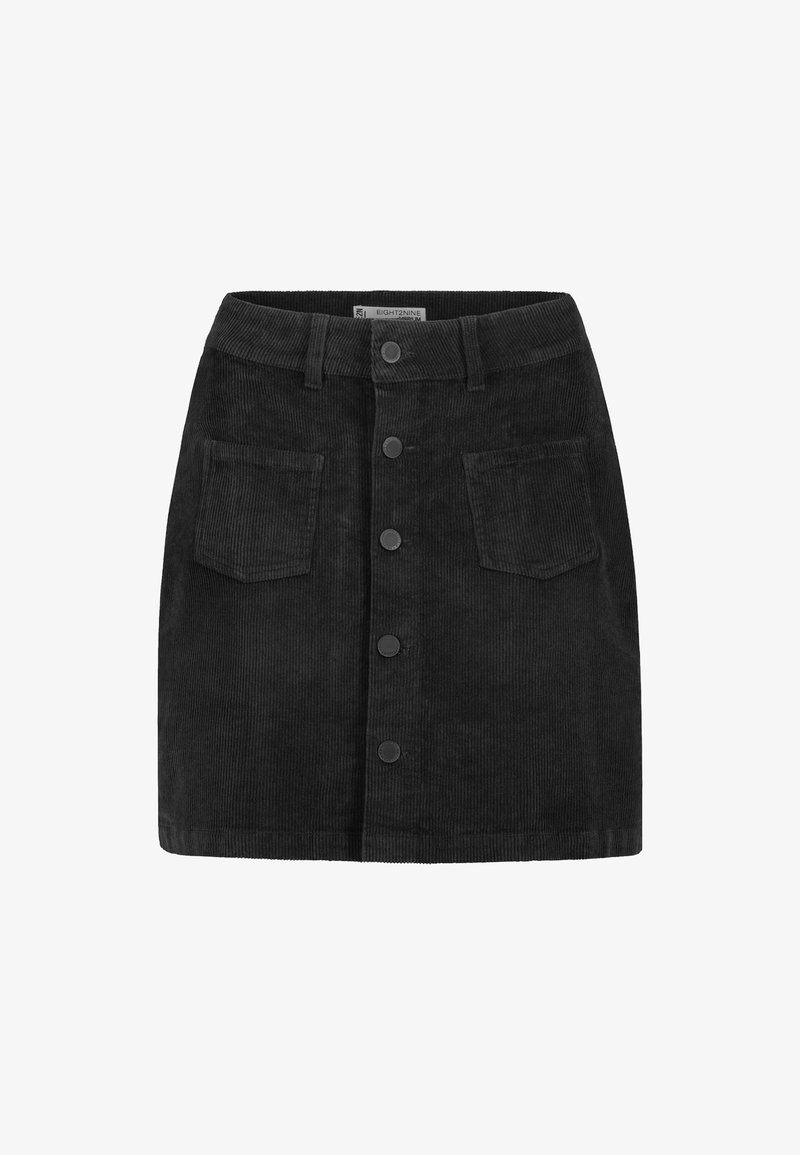 Schwarzer Cordrock mit gerader Silhouette, vorderer Knopfverschluss, zwei aufgesetzten Taschen und strukturierter Oberfläche.