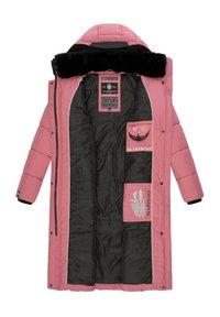 Rosa pufferjacka med svart inredning, avtagbart fuskpälskrage, olika innerfickor och logotryck framtill.
