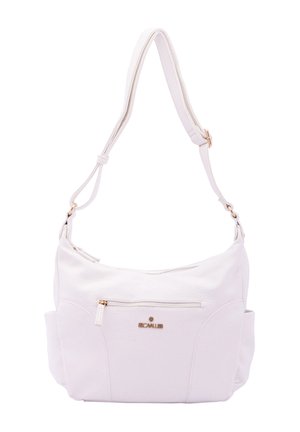 Borsa a spalla in pelle bianca con finitura testurizzata, tasca anteriore con zip e accentuazione del logo in tono oro. Presenta una tracolla regolabile.