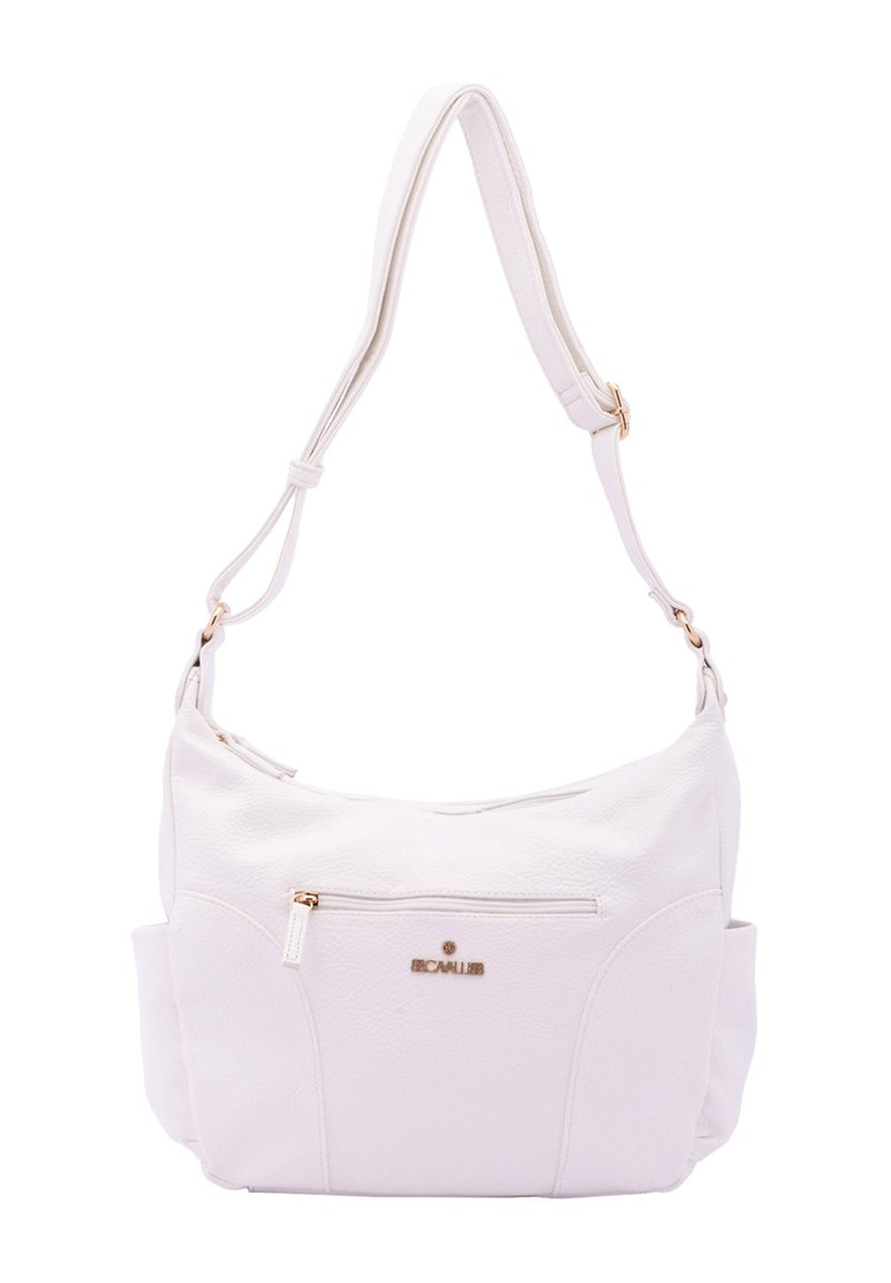 Borsa a spalla in pelle bianca con finitura testurizzata, tasca anteriore con zip e accentuazione del logo in tono oro. Presenta una tracolla regolabile.
