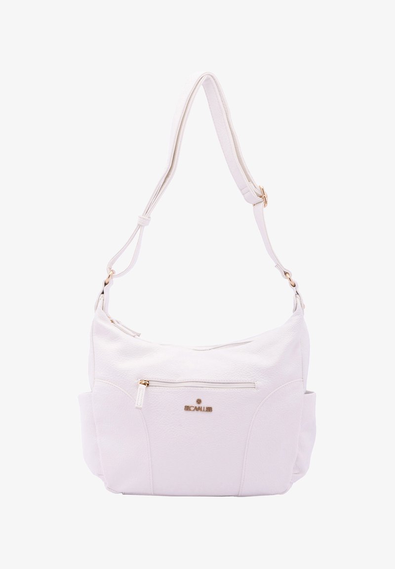 Borsa a spalla in pelle bianca con finitura testurizzata, tasca anteriore con zip e accentuazione del logo in tono oro. Presenta una tracolla regolabile.