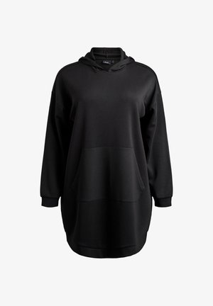 Oversized zwarte hoodie van zacht materiaal, voorzien van een voorzak, capuchon met trekkoord en geribbelde manchetten. Gladde textuur met minimale stiksels.