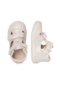 Scarpe rosa chiaro con un motivo testurizzato, due cinturini in Velcro regolabili e una morbida suola in gomma per il comfort. Design della punta arrotondata.