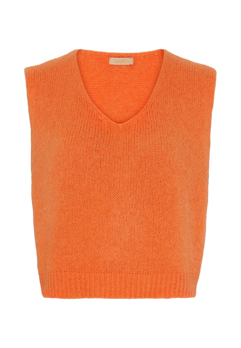 V-ringad ärmlös tröja i klar orange, tillverkad av mjukt stickat tyg med ribbad nederkant. Inga ytterligare designinslag eller mönster.