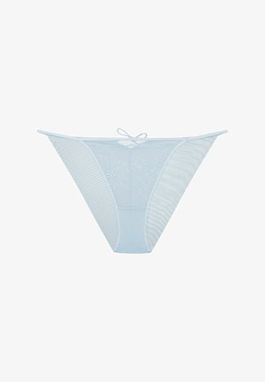 Light blue sheer thong featuring floral embroidery at the front, with a playful bow detail and striped mesh side panels.