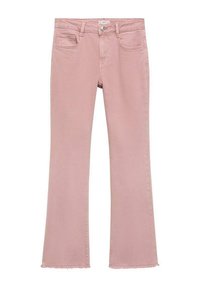 Bleka rosa denim jeans med utsvängda ben och råa kanter, som har fem fickor och metallknappstängning.