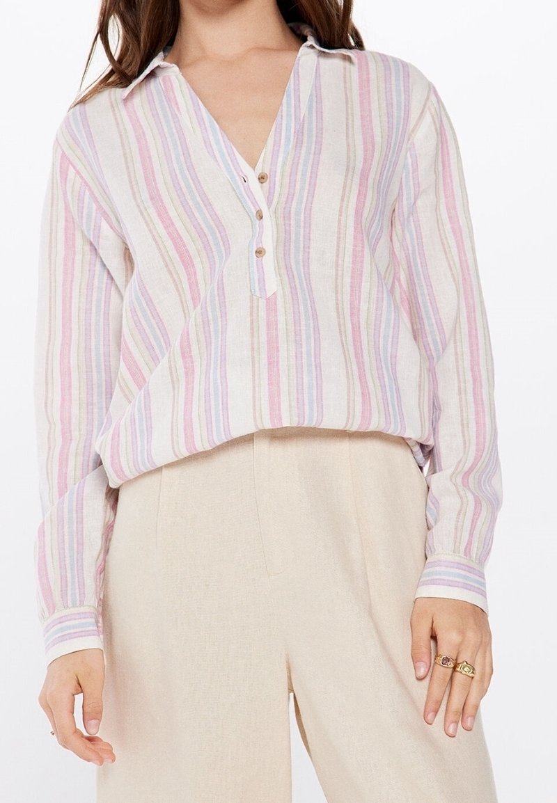 Femme portant une chemise à col à manches longues rayée pastel avec trois boutons en bois, associée à un pantalon beige taille haute et des bagues dorées à la main droite.