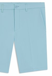 Pantaloni corti azzurri realizzati in tessuto liscio, con chiusura a bottone, tasche anteriori e un taglio pulito con cuciture sartoriali.