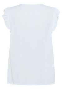 Haut blanc à manches courtes avec des accents volantés, fabriqué en tissu texturé. Présente un col rond et une coupe ample et décontractée.