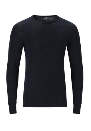 Navy long-sleeve crew neck shirt made of soft fabric; features ribbed cuffs and a smooth texture without patterns or accents.