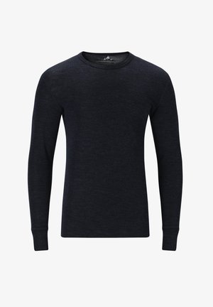 Navy long-sleeve crew neck shirt made of soft fabric; features ribbed cuffs and a smooth texture without patterns or accents.