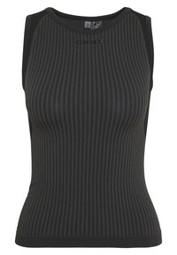 Svart ärmlös topp med en texturerad ribbad design, med rund halsringning och sidopaneldetaljer. Logotyp tryckt på övre framsidan.