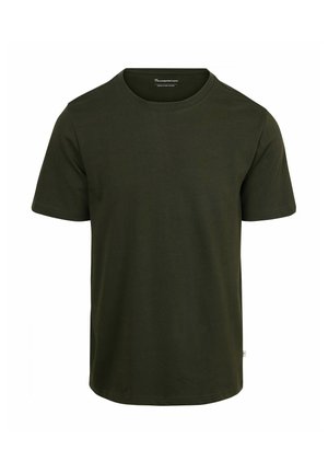 Effen donkergroene T-shirt met korte mouwen, ronde hals, slim fit en zonder zichtbare logo's of patronen.