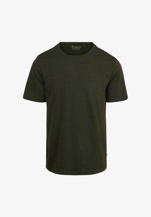 Unifarbenes dunkelgrünes T-Shirt mit kurzen Ärmeln, Rundhalsausschnitt, schlanker Passform und ohne sichtbare Logos oder Muster.