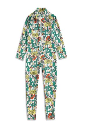 Kombinezon dugih rukava punog kroja s prednjim patent zatvaračem, s šarenim cvjetnim uzorkom u zelenoj, žutoj, narančastoj i crvenoj boji na bijeloj pozadini.