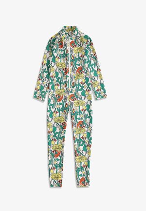 Long-sleeve, full-length jumpsuit with a front zipper, featuring a colorful floral pattern in green, yellow, orange, and red on a white background.