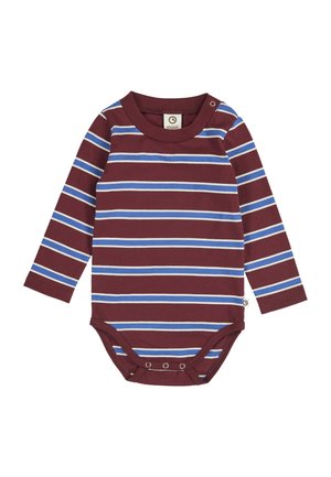 Langærmet babybody med vandrette striber i bordeaux, blå og hvid, trykknapper ved skridtet og skulderen for nem påklædning.