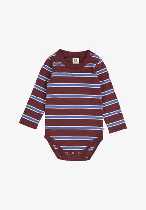 Langærmet babybody med vandrette striber i bordeaux, blå og hvid, trykknapper ved skridtet og skulderen for nem påklædning.