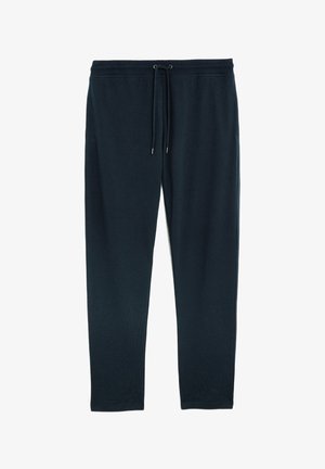Navy jogger pants in a soft fabric with an elastic waistband and drawstring. Features tapered legs and no patterns or hardware accents.