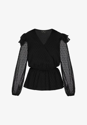 Sort bluse med en omslagsdesign, prikket tekstur og gennemsigtige lange ærmer. Har en flæset halsudskæring og en elastisk talje for en tætsiddende pasform.