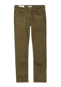 Jeans verde oliva con una vestibilità slim, realizzati in denim. Presentano tasche frontali, una chiusura con zip e cuciture finemente lavorate. Nessun motivo visibile.