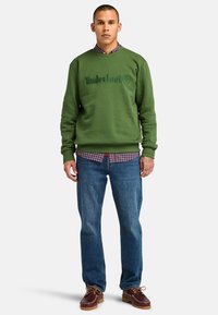 Felpa verde con logo "Timberland" in rilievo, sovrapposta a una camicia a quadri rossa e blu. Abbinata a jeans blu e scarpe marroni.