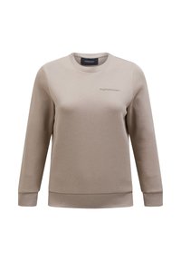 Beige sweater met lange mouwen, ronde hals en geribde manchetten. Voorzien van subtiele logo borduursels aan de voorkant. Glad textuur.