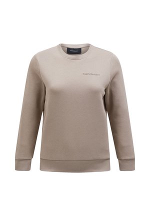 Beige sweater met lange mouwen, ronde hals en geribde manchetten. Voorzien van subtiele logo borduursels aan de voorkant. Glad textuur.