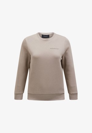 Beige Sweatshirt mit langen Ärmeln, Rundhalsausschnitt und gerippten Bündchen. Verfügt über eine dezente Logo-Stickerei auf der Vorderseite. Glatte Textur.