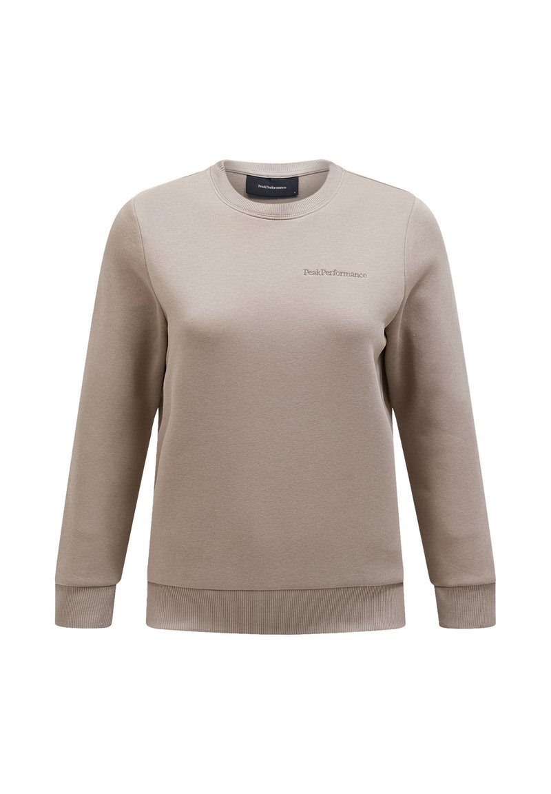 Beige sweater met lange mouwen, ronde hals en geribde manchetten. Voorzien van subtiele logo borduursels aan de voorkant. Glad textuur.