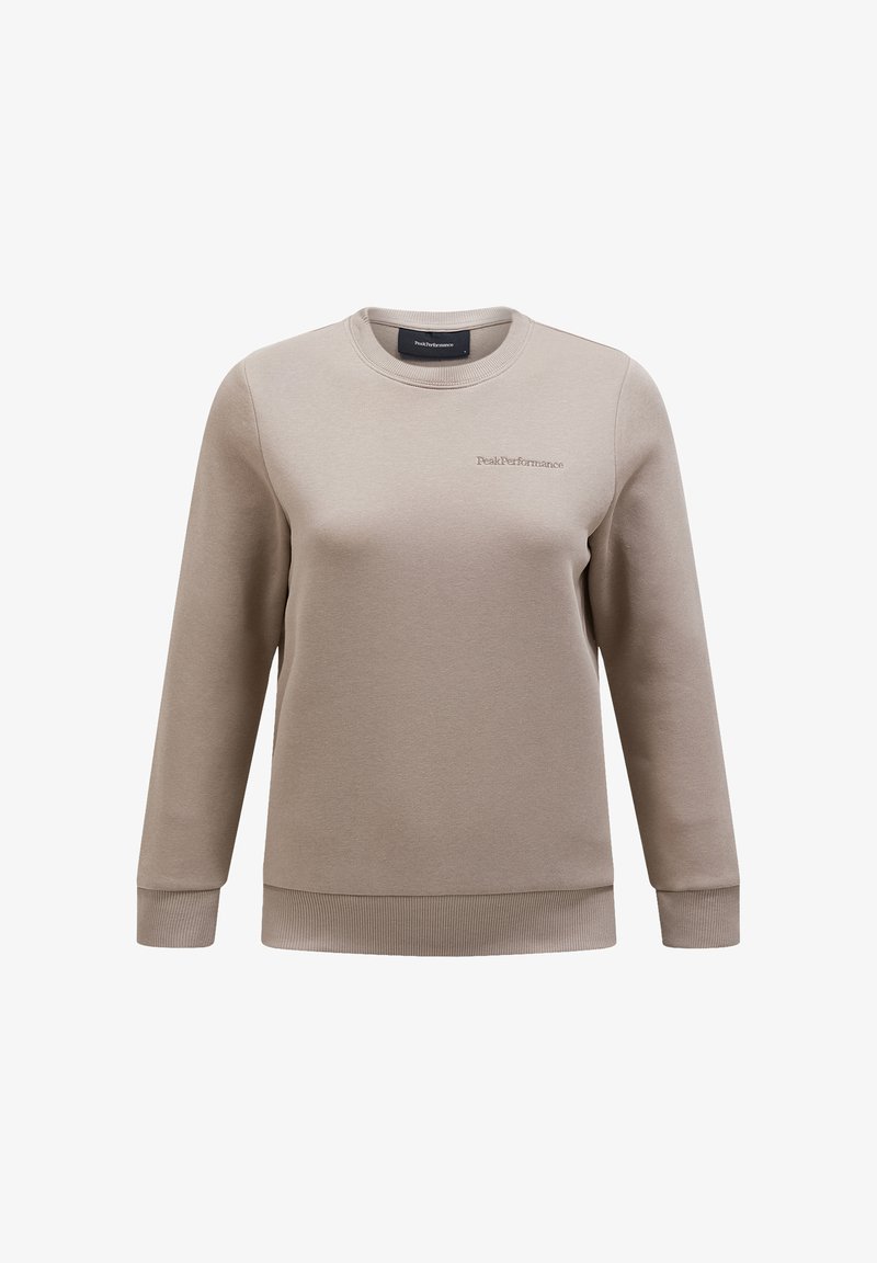 Beżowy sweatshirt z długimi rękawami, okrągłym dekoltem i ściągaczami na mankietach. Posiada subtelną haftowaną aplikację logo z przodu. Gładka tekstura.