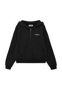 Zwarte zip-up hoodie van zachte stof. Het heeft een kangaroo pocket, geribde mouwen en een minimalistisch logo op de borst.