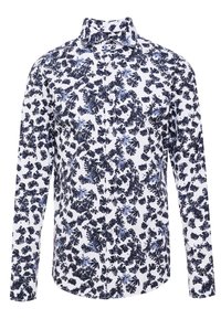 Camicia con bottoni caratterizzata da uno sfondo bianco con un motivo floreale blu scuro e blu chiaro. Maniche lunghe con polsini a bottone. Collo classico.
