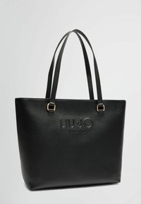 Borsa tote nera in sintetico con logo embossato "LIU-JO MILANO", texture liscia, doppio manico e dettagli in metallo dorato.