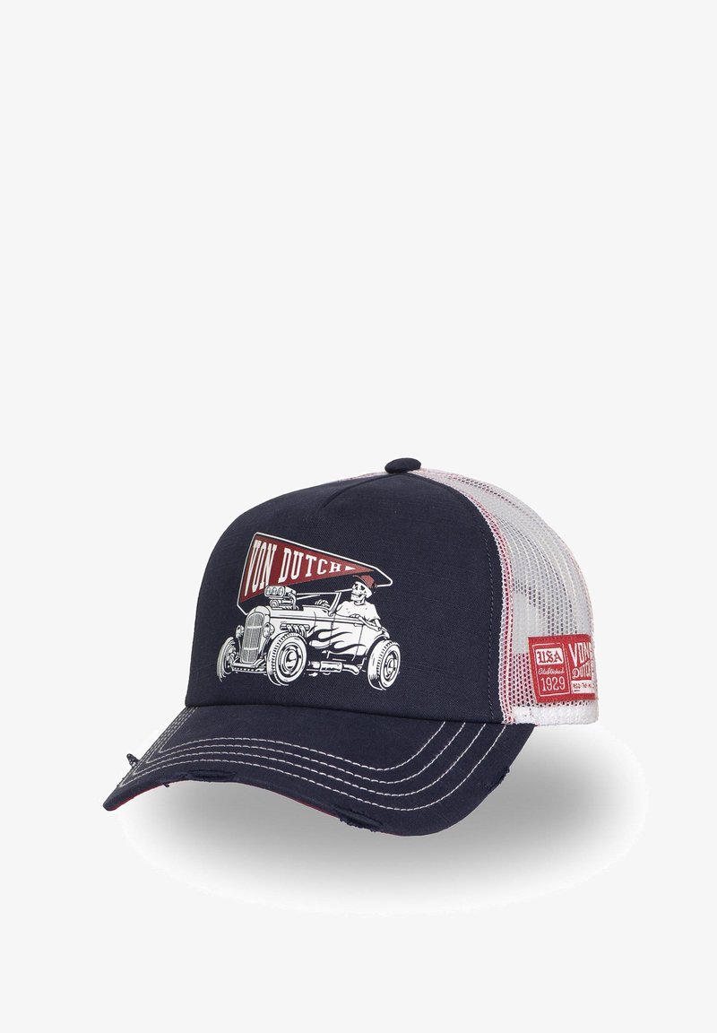 Casquette de baseball marine avec arrière en maille. Présente un graphisme de voiture vintage et le logo "Von Dutch". Inclut des accents de couture et une visière courbée.