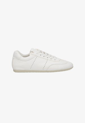 White leather low-top sneaker with laces, perforated side detail, and beige rubber sole, shown in right profile on white background.