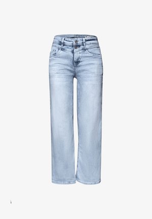 Jeans di colore denim azzurro chiaro con vita alta, chiusura con doppio bottone, tasche frontali e taglio a gamba dritta.