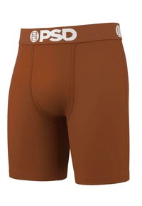 Smeđe tkanine bokserice s bijelim "PSD" logotipom na pojasu. Imaju uski kroj i glatku teksturu.