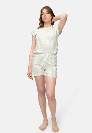Helle gestreifte Lounge-Set in blassgrün und weiß, bestehend aus einem kurzärmligen Oberteil und Shorts mit elastischem Bund, aus weichem Stoff gefertigt.