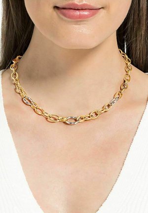 Gold chain necklace with alternating gold and silver oval links, smooth texture, resting on the collarbone, minimalistic design.