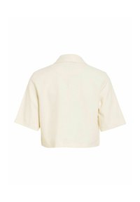 Vue arrière d'une veste courte à manches courtes, de couleur crème, avec un col et des détails de couture simples.