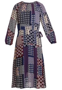 Robe midi à manches longues avec un motif patchwork en bleu marine, beige, bordeaux et bleu, dotée d'une taille froncée et d'un col rond.