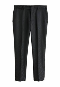 Black trousers featuring a geometric pattern in dark blue. Made from a smooth fabric, they have a straight cut and belt loops.